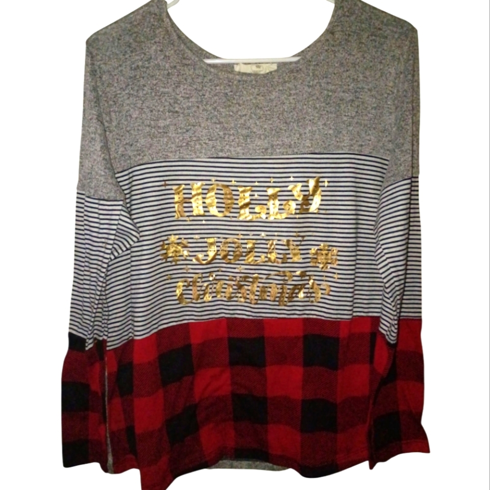 🦋 Holiday Jolly Long Sleeve Tees with Striped and Plaid Design Larg